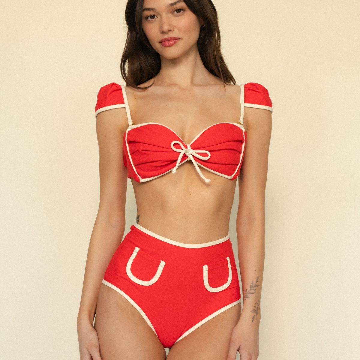 Cherry Cream Binded Cabana Bow Bikini Top