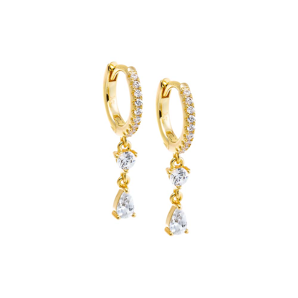 Round CZ X Teardrop Dangling Huggie Earring