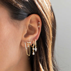 Round CZ X Teardrop Dangling Huggie Earring